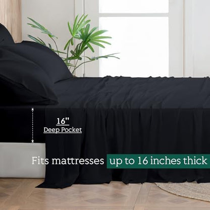 Cooling Sheets Set Cal King Size, Viscose Derived from Bamboo for Hot Sleepers | Deep Pocket Up to 16 Inch | Silky Soft & Breathable Bedding - 4PC (Cal King, Black)
