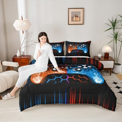 Honeycomb Gamer Kids Comforter Sets Boy Orange Blue Neon Lights Game Console Toddler Bedding Sets for Boys Ombre Art Geometric Hexagon Beehive Quilt Set Gaming Decor for Boys Bedroom Decor