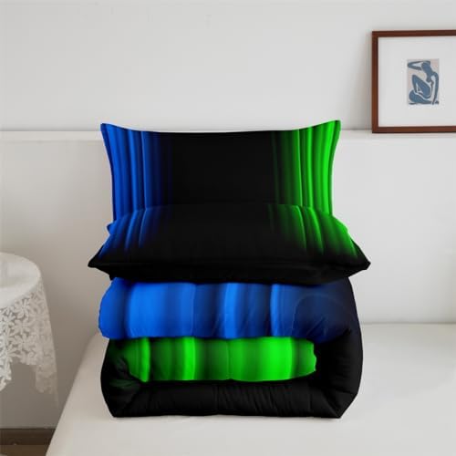 Feelyou Geometric Ombre Comforter Set Kids Boys Teens Blue Green and Black Bedding Set Decor Modern Stripes Comforter 2Pcs Twin Size