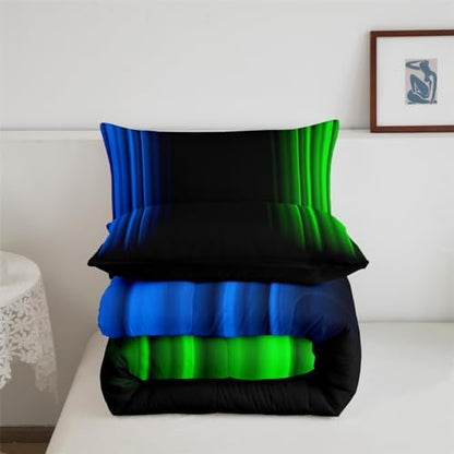 Feelyou Geometric Ombre Comforter Set Kids Boys Teens Blue Green and Black Bedding Set Decor Modern Stripes Comforter 2Pcs Twin Size