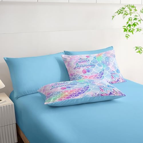 7Pcs Comforter Set Rainbow Mermaid Tail Printed Bedding Set with 1 Comforter, 1 Flat Sheet, 1 Fitted Sheet and 4 Pillowcases for Girls Bedroom All Season(Mermaid-3 Queen)