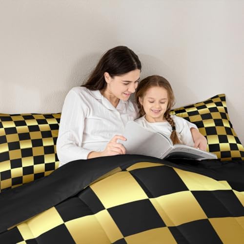 Checkered Comforter Set Full Size Modern Geometric Golden Yellow Black Bedding Set for Kids Boys Girls Cute Neutral Plaid Duvet Quilt Vintage Aesthetic Bedroom Decor 3 Pcs with 2 Pillow Cases
