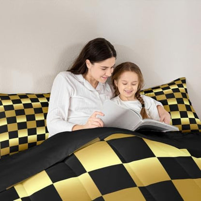 Checkered Comforter Set Full Size Modern Geometric Golden Yellow Black Bedding Set for Kids Boys Girls Cute Neutral Plaid Duvet Quilt Vintage Aesthetic Bedroom Decor 3 Pcs with 2 Pillow Cases