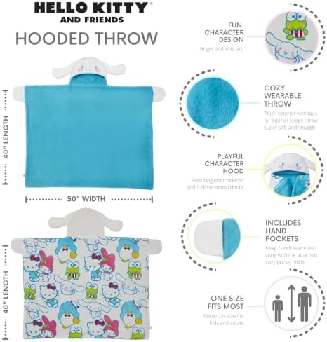 Franco Sanrio Hello Kitty & Friends Cinnamoroll Plush Hooded Throw, Kids Bedding Super Soft Blanket, 50 in x 40 in, (Officially Licensed Product)