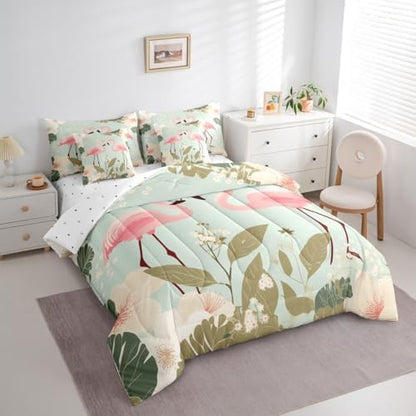 Erosebridal Flamingo 7 Piece Bedding Set King Tropical Hawaii Comforter Set with Sheets Cherry Blossom Branch Bed in a Bag Spring Romantic Style Bed Sets