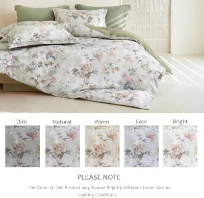 Queen Comforter Set 3 Pieces, 100% Cotton Vintage Floral Bedding Set for All‑Season, Soft Hypoallergenic Comforter with 2 Pillow Shams