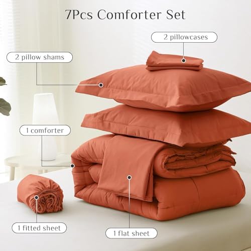 JOLLYVOGUE Full Comforter Set, Ultra-Soft Bed in a Bag Full Size 7 Pieces, Oeko-TEX Certified Bedding Set with Down Alternative Comforter, Sheets, Pillowcases & Shams, Burnt Orange