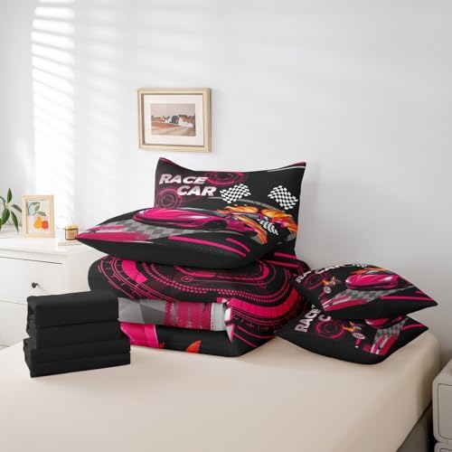 Feelyou Rose Pink Race car Comforter Set Full Size 7 Pcs Bedding Set Kids
