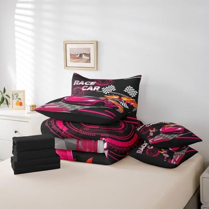 Feelyou Rose Pink Race car Comforter Set Full Size 7 Pcs Bedding Set Kids