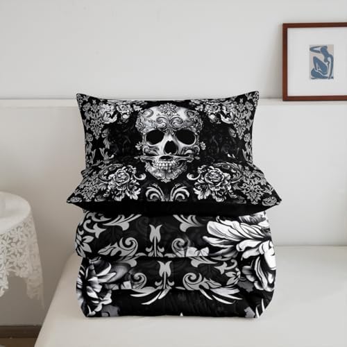 Gothic Skull Comforter Set King Size,Halloween Flower Skull Bedding Sets for Boys Girls Woman Men Bedroom Decor,Black Grey Vintage Damask Down Comforter Retro Floral Quilt Set,2 Pillowcases