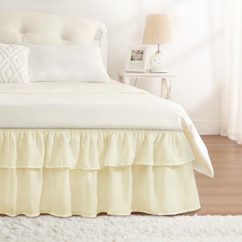 RIMELA Ruffle Bed Skirt Butter Yellow Queen 18 Inch Drop, Elastic Wrap Around Bed Skirting Queen Size, Easy to Install Dust Ruffle, Machine Washable Soft Fabric, Multi Ruffle Bedskirt