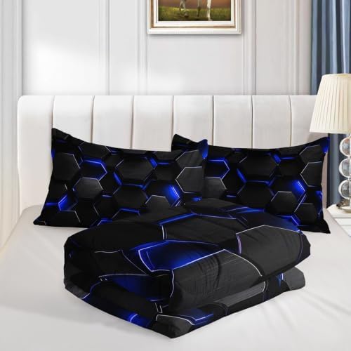 Black Blue Geometric Comforter Set Full Size with 2 Pillowcases.