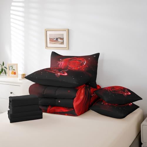 Erosebridal Gothic Dragon Dream Catchers Bed in a Bag King Size Comforter Set 7 Pieces,Red Galaxy Bohemian Feather Bedding Sets Antique Animal Pterosaur Sheet Set with Comforter
