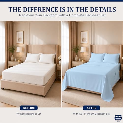 Cottingon 4 Piece Queen Sheets Fits 16" Deep, Egyptian Cotton, Light Blue
