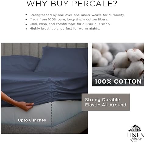 Linen Home 2-Pack Full Sheet Set, 100% Cotton Percale Bedding, 8-Piece Value Bundle, Deep Pocket Cooling Bed Sheets for Hot Sleepers, Breathable & Crisp Hotel Quality, Long-Staple Cotton, Dark Blue