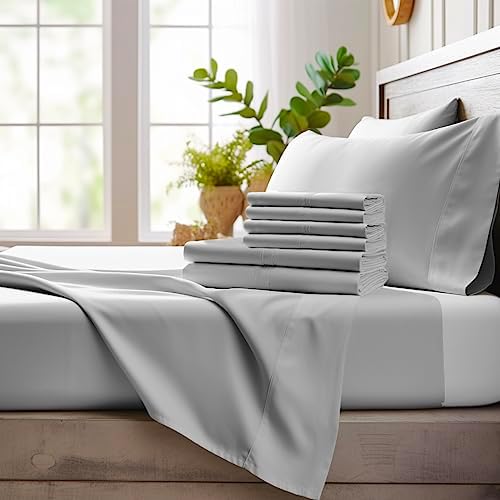 Bamboo Bay 7 Piece Split King Size Sheet Set, 100% Viscose Made from Bamboo, Breathable, Ultra Soft Cooling Bed Sheets for Adjustable Beds, Beddings with Deep Pockets Fit 16" Mattress, Light Grey
