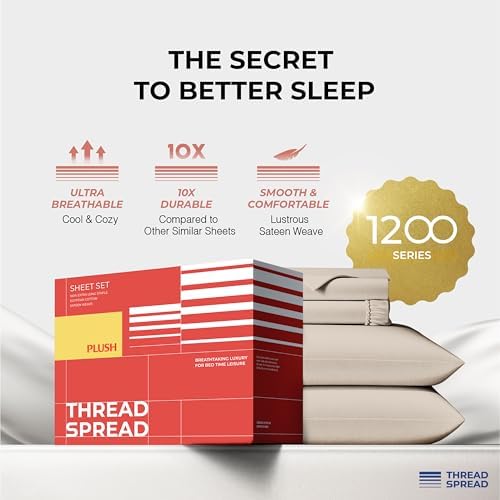 THREAD SPREAD 100% Egyptian Cotton Queen Sheets Set - 1200 Series Plush Collection Luxury Egyptian Cotton Sheets Queen Size Deep Pocket (4 PC, Taupe), Soft, Cooling, Sateen Weave Sheet Set