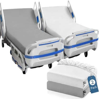2 Pack Fitted Hospital Bed Sheets 36"x 84"x 14", Grey and White