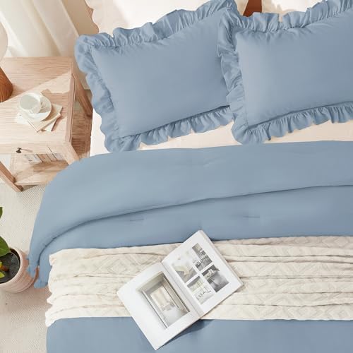Andency Grayish Blue Ruffle Comforter Twin Size, 2 Pieces Soft Bed Set