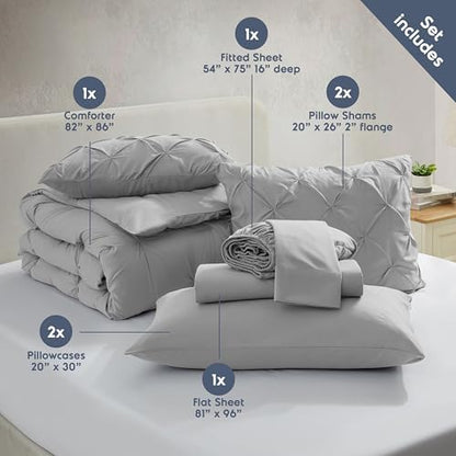 Nestl 9 Piece Full Comforter Set – Light Grey Pinch Pleated Bed in a Bag – Complete Full Size Bedding Set with Sheets, Set of 2 Cooling Pillows, Pillowcases and Shams