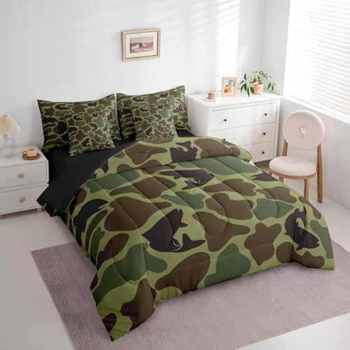 Erosebridal Fish Hunting Comforter Set Full Size Army Camouflage Hunter Bedding Sets 7 Piece Rustic Wildlife Bed in a Bag Farmhouse Bass Fish Sheet Set with Comforter Vintage Army Green Decor