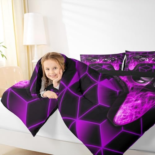 Purple Game Console Comforter Set - Neon Geometric Gamer Bedding, 3D Geometric Boys Comforter Set with Flame Gaming Consoles Decor