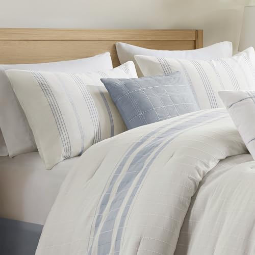 Harbor House Full Comforter Set, Stripes Clipped Jacquard, Soft Cotton Oversized Comforter for a Full-Size Bed, Farmhouse Bedding, 2 Shams, Bedskirt, 2 Décor Pillows, Morgan, Full White/Blue