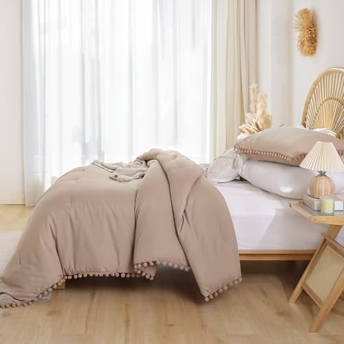 YIRDDEO Queen Comforter Set, Taupe Ball Pom Fringe Bedding Set 3 Pieces