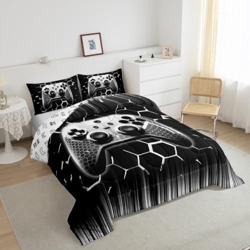 Manfei Videogames Reversible Comforter Set Queen Size, Geometric Honeycomb Gameapd Down Comforter with 2 Pillowcases, Modern Gamer Bedding Set 3pcs for Kids Boys Room Decor Gaming Duvet Insert