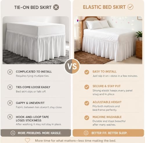 RIMELA College Dorm Bed Skirt Twin XL 32 Inch Drop, White Elastic Bedskirt