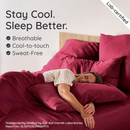 Bambaw Queen Size 4pcs Cooling Sheets Set 100% Viscose Derived from Bamboo, Luxury Bedding, Soft Sheets, Deep Pocket Fits Up to 16'' Mattresses (Burgundy)