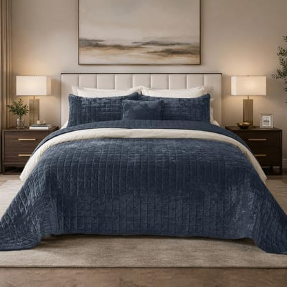 Quilt Set King Size 98x106 Luxurious Velvet Bedding Sets with 2 Pillow Shams 20x36 3 Pieces Ultra Soft Quilted Bedspread Coverlet Comforter for All Season,Grey Blue