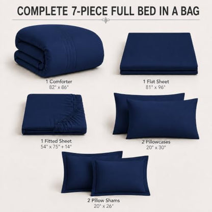 Full Size Comforter Sets Navy Blue, 7 Pieces Bed in a Bag Bedding