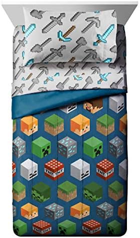 Minecraft Creeper Twin Comforter Set 4 Piece Kids Bedding for Boys, Blue