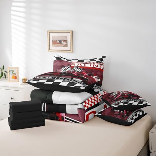 Race Car 7 Pcs Comforter Set Queen Size Bed in a Bag,Red Camouflage Print Racing Car Bed Set Room Decor,Geometric Grids Bedding Sets with Comforter,Flat,Fitted Sheet,Pillowcases,Pillow Covers