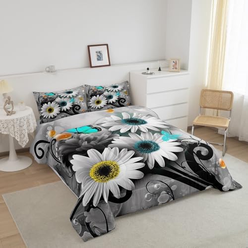 Rustic Daisy Quilt Set King,Farmhouse Floral Blue Butterfly Bedding Comforter Set for Kids Girls Teens Women King,Hippie Black Gray Marble Comforter,Pastoral Countryside Flower Quilted Duvet 3 Pcs