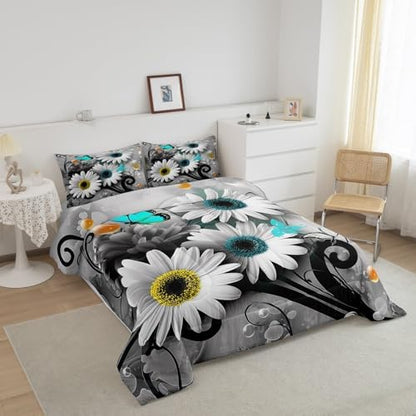 Rustic Daisy Quilt Set King,Farmhouse Floral Blue Butterfly Bedding Comforter Set for Kids Girls Teens Women King,Hippie Black Gray Marble Comforter,Pastoral Countryside Flower Quilted Duvet 3 Pcs
