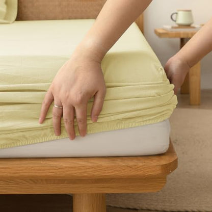 BESTOUCH Sheet Set 100% Washed Cotton Linen Feel Super Soft Comfortable Chic Lightweight 4 Pcs Home Bedding Set Solid Light Yellow California King