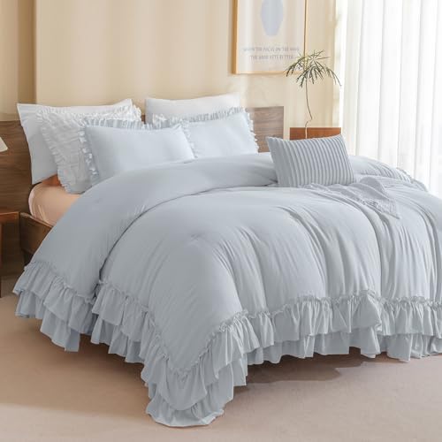 Masaca Ruffle Comforter Full Size,3 Pieces Farmhouse Shabby Boho Chic Full Bedding Set,Vintage Ruffled Rustic Light Blue Bedding Comforter Set for All Season