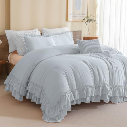 Masaca Ruffle Comforter Full Size,3 Pieces Farmhouse Shabby Boho Chic Full Bedding Set,Vintage Ruffled Rustic Light Blue Bedding Comforter Set for All Season