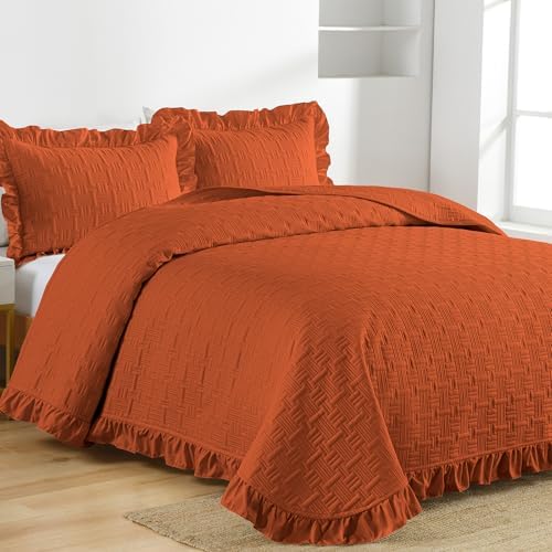 DJY King Quilt Set 3 Pieces, Lightweight Ruffled Bedspread, Orange