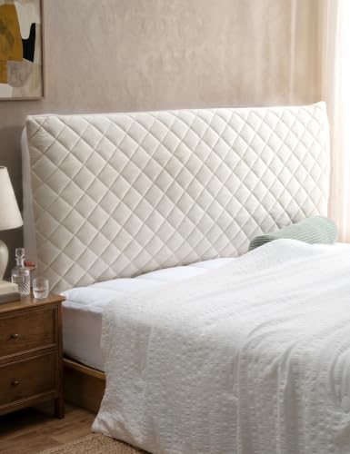 Velvet Bed Headboard Cover Slipcover - Stretch Quilted & Thicken Dustproof Protector for Queen/King, Washable Decorative Headboard Cover for Bedroom (Beige, 75x27.5 inch)