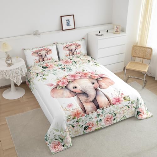 Feelyou Cute Elephant Comforter Set King Size Kids Cartoon Animal Comforter for Boys Girls Teens Flower Floral Print Bedding Set Farm Zoo Garden Theme Duvet Set Room Decor Quilt Set