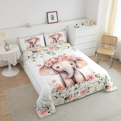 Feelyou Cute Elephant Comforter Set King Size Kids Cartoon Animal Comforter for Boys Girls Teens Flower Floral Print Bedding Set Farm Zoo Garden Theme Duvet Set Room Decor Quilt Set