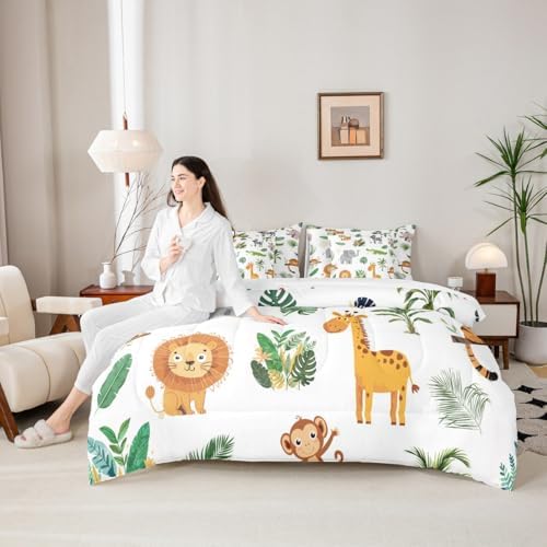 Erosebridal Wild Animals 7 Pcs Bedding Set Safari Animals King Comforter Set for Boys Girls Cute Crocodile Lion Bed in A Bag with Flat and Fitted Sheet Cartoon Elephant Giraffe Tropical Bed Set