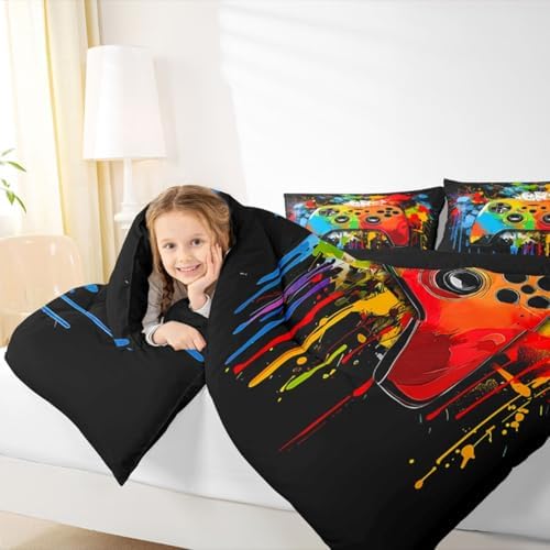 Erosebridal Gamer Comforter Set Graffiti Tie Dye Game Consoles Girl Toddler Bedding Set for Preteen Boys Girls Gaming Comforter Watercolor Abstract Art Quilt