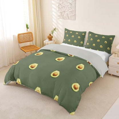 Avocado Comforter Cover Full Boys Girls Cute Cartoon Tropical Fruits Printed Bedding Set Green Avocado Pattern Duvet Cover for Teens Kids Soft Reversible Bedspread With 2 Pillowcases, No Comforter