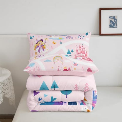 Feelyou Kids Princess Duvet Insert Queen Size, Girls Dreamy Magic Castle Comforter Set Boys Girls for Cartoon Rainbow Bedding Set Fairytale Teens Bedroom Decor with 2 Pillow Case