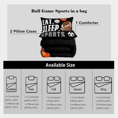 Feelyou King Size Sports Comforter Set Boys Girls Bedding Set for Sports Lover Gift Ultra Soft Football Soccer Basketball Baseball Quilt Breathable Lightweight Microfiber Black Ball Game Room Decor
