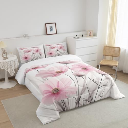 jejeloiu Floral Flower Comforter Set Queen Size Kids Pink Wildflower Bedding Set for Boys Girls Teens Botanical Duvet Breathable Minimalist Aesthetics Quilt Bedroom Decor,1 Comforter with 2 Pillowcase